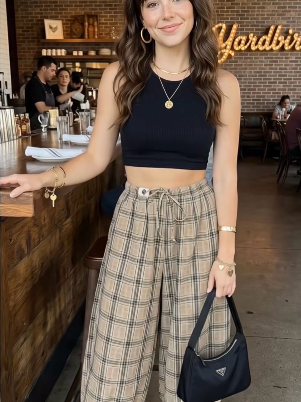 Plaid Wide-Leg Drawstring Pants - Beige Plaid XL